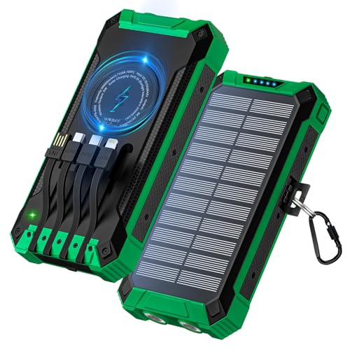 Power Bank 26800mAh mit 4 Kabeln, Wireless Solar Powerbank 15W USB-C In/Out Schnellladung 6 Ausgänge 3 Eingänge für Handy, Outdoor Externer Akku mit Taschenlampen, Karabiner