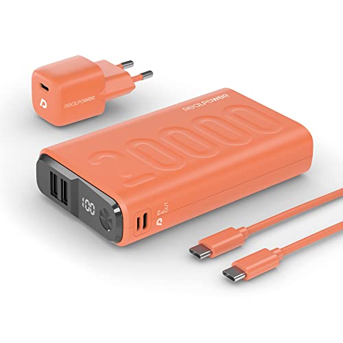 Realpower PB-20000 PowerPack PD Ladeset Powerbank mit 22.5W Power, 20.000mAh Kapazität, Nano USB-C Ladegerät, Schnellladekabel,kompatibel mit iPhone ProMax, iPad,SamsungGalaxy,Google Pixel usw, Orange